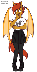 Size: 559x1080 | Tagged: safe, artist:redxbacon, derpibooru import, oc, oc only, oc:mango slice, anthro, bat pony, bat pony oc, boots, clothes, commission, cute, pantyhose, pleated skirt, shoes, shy, skirt, socks, thigh highs, thinking