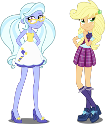 Size: 2345x2768 | Tagged: safe, artist:xebck, applejack, sugarcoat, equestria girls, friendship games, alternate hairstyle, alternate universe, bowtie, clothes, clothes swap, crossed legs, crystal prep academy, crystal prep academy uniform, crystal prep shadowbolts, freckles, glasses, high heels, plaid skirt, pleated skirt, role reversal, school uniform, shoes, simple background, skirt, socks, transparent background, vector