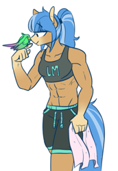 Size: 495x720 | Tagged: safe, artist:redxbacon, derpibooru import, oc, oc only, oc:tea cozy, anthro, bird, earth pony, abs, clothes, female, muscles, simple background, sports bra, white background