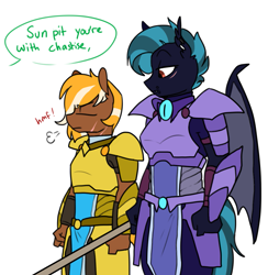 Size: 1055x1080 | Tagged: safe, artist:redxbacon, derpibooru import, oc, oc only, oc:midnight chastise, oc:sun pit, anthro, armor, guard, night guard, scar, size difference, smaller male, tall