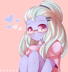 Size: 900x950 | Tagged: safe, artist:riouku, sugarcoat, equestria girls, blushing, clothes, colored pupils, cute, female, glasses, heart, looking at you, pink background, shirt, signature, simple background, sitting, solo, sugarcute