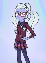 Size: 434x600 | Tagged: safe, artist:ultrard, sugarcoat, equestria girls, friendship games, bowtie, clothes, colored pupils, crystal prep academy uniform, glasses, gradient background, looking at you, school uniform, signature, skirt, solo