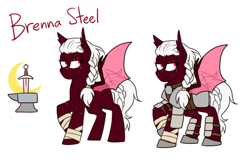 Size: 853x539 | Tagged: safe, artist:redxbacon, derpibooru import, oc, oc only, oc:brenna steel, bat pony, armor, reference sheet, scar, scratches