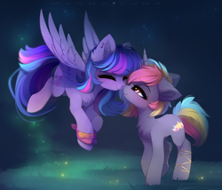 Size: 3888x3335 | Tagged: safe, artist:magnaluna, derpibooru import, oc, oc only, oc:musa glow, oc:star climber, pegasus, pony, unicorn, boop, chest fluff, commission, ear piercing, earring, female, fluffy, jewelry, lesbian, mare, noseboop, not twilight sparkle, oc x oc, piercing, shipping