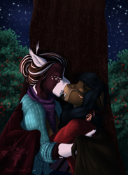 Size: 1024x1399 | Tagged: safe, artist:blackblood-queen, derpibooru import, oc, oc only, oc:lafayette roseheart, oc:octavus, anthro, bat pony, anthro oc, bat pony oc, clothes, eyes closed, french kiss, gay, kissing, male, mantipony, mantipony oc, night, oc x oc, shipping, story in the source, tree