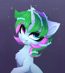 Size: 1920x2156 | Tagged: safe, artist:magnaluna, derpibooru import, oc, oc only, oc:ice thorn, pony, unicorn, cute, female, filly, grin, heterochromia, smiling, solo, super villain, thorns, ych result