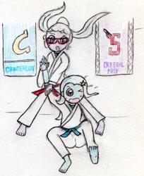 Size: 1139x1398 | Tagged: safe, anonymous artist, sugarcoat, trixie, equestria girls, friendship games, barefoot, blue belt, clothes, feet, gi, judo, red belt, robe, traditional art, trousers