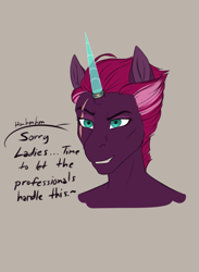 Size: 1397x1908 | Tagged: safe, artist:blackblood-queen, derpibooru import, tempest shadow, anthro, unicorn, alternate universe, dialogue, eye scar, female, mare, prosthetic horn, prosthetics, scar, simple background, solo, tempest gets her horn back