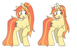 Size: 1036x670 | Tagged: safe, alternate version, artist:redxbacon, derpibooru import, oc, oc only, oc:sunny lane, oc:trash, earth pony, pony, chest fluff, crossed hooves, disgusted, ear fluff, female, flower, flower in hair, hairband, long tail, looking down, mare, open mouth, ponytail, raised hoof, shrunken pupils, simple background, solo, wavy mouth, white background