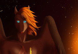 Size: 2416x1676 | Tagged: safe, artist:blackblood-queen, derpibooru import, oc, oc only, oc:singe, anthro, pegasus, anthro oc, facial hair, freckles, glowing eyes, goatee, male, serious, serious face, solo, stallion