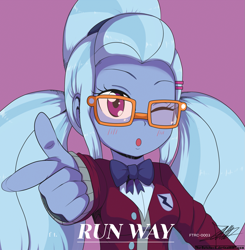 Size: 1543x1574 | Tagged: safe, artist:the-butch-x, sugarcoat, equestria girls, friendship games, blushing, bowtie, breasts, clothes, crystal prep academy uniform, female, finger gun, glasses, looking at you, open mouth, school uniform, signature, solo, sugarcones, sugarcute, wink