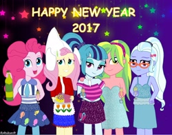 Size: 3500x2750 | Tagged: safe, artist:robukun, fluttershy, lemon zest, pinkie pie, sonata dusk, sugarcoat, equestria girls, dutch, dutch cap, hat, new year