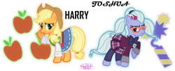 Size: 4482x1823 | Tagged: safe, artist:meganlovesangrybirds, applejack, sugarcoat, equestria girls, friendship games, absurd resolution, equestria girls outfit, harry nguyen, joshua attaway, simple background, text, white background