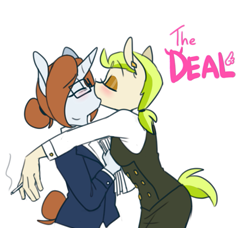 Size: 635x578 | Tagged: safe, artist:redxbacon, derpibooru import, oc, oc:diamond gavel, oc:golden keylime, anthro, unicorn, blushing, business suit, clothes, eyeliner, eyes closed, female, glasses, kissing, lesbian, makeup, smoking