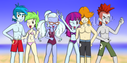 Size: 1600x800 | Tagged: safe, artist:phantomshadow051, cherry crash, crimson napalm, mystery mint, sugarcoat, thunderbass, valhallen, equestria girls, armpits, background human, bare chest, belly button, bikini, clothes, midriff, partial nudity, swimsuit, thunderstruck (band), topless, watermark