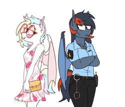 Size: 933x803 | Tagged: safe, artist:redxbacon, derpibooru import, oc, oc only, oc:night tracer, oc:sweet script, anthro, bat pony, bat pony oc, crossed arms, dog tags, female, glasses, hand cuffs, handbag, simple background, summer dress, walkie talkie, white background