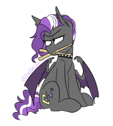 Size: 677x757 | Tagged: safe, artist:redxbacon, derpibooru import, oc, oc only, oc:splash, bat pony, bat pony oc, collar, commission, drum sticks, ear piercing, fangs, piercing, punk, spiked collar, tsundere