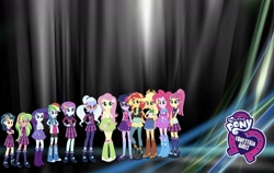 Size: 2009x1270 | Tagged: safe, artist:php77, editor:php77, applejack, fluttershy, indigo zap, lemon zest, pinkie pie, rainbow dash, rarity, sci-twi, sour sweet, sugarcoat, sunny flare, sunset shimmer, twilight sparkle, equestria girls, wallpaper