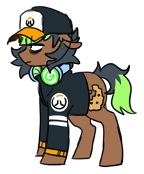 Size: 408x493 | Tagged: safe, artist:redxbacon, derpibooru import, oc, oc only, oc:pixel bite, earth pony, pony, bags under eyes, baseball cap, cap, clothes, fan, hat, headphones, jacket, overwatch, solo