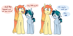 Size: 1280x641 | Tagged: safe, artist:redxbacon, derpibooru import, oc, oc only, oc:delta vee, oc:sunny lane, oc:trash, earth pony, pegasus, pony, dialogue, female, grammar error, lesbian, looking at you, mare, nervous, oc x oc, shipping, simple background, smiling, sweat, trashvee, white background