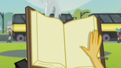 Size: 1440x804 | Tagged: safe, screencap, garden grove, ginger owlseye, sunny flare, sunset shimmer, equestria girls, friendship games, book, bus, hand, journey book