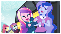 Size: 1512x840 | Tagged: safe, screencap, dean cadance, princess cadance, princess luna, sour sweet, sunny flare, vice principal luna, equestria girls, friendship games, bus, cute, end credits, eyes closed, faic, laughing, laughingmares.jpg, right there in front of me, wtf face