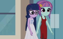 Size: 1600x1000 | Tagged: safe, artist:bootsyslickmane, sci-twi, sunny flare, twilight sparkle, fanfic:the shadowbolts adventures, equestria girls, friendship games, alternate costumes, alternate hairstyle, city, clothes, cutie mark, dress, earring, easter egg, fanfic, fanfic art, glasses, loose hair, piercing, shipping, smiling, twiflare