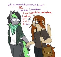 Size: 924x857 | Tagged: safe, artist:redxbacon, derpibooru import, oc, oc:elli, oc:red, anthro, pegasus, clothes, dialogue, female, holding hands, lesbian, purse, scarf, sweater, tsundere