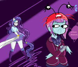 Size: 500x434 | Tagged: safe, artist:pandanx12, rarity, sunny flare, equestria girls, friendship games, ask the shadowbolts, clothes, crystal prep academy uniform, hat, implied rarity fighting a giant crab, ponied up, school uniform, skirt, sword, this will end in crab battle, weapon