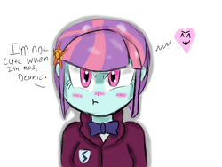 Size: 1024x768 | Tagged: safe, artist:mildockart, sunny flare, equestria girls, friendship games, adoraflare, blatant lies, blushing, cute, dialogue, i'm not cute, looking at you, solo, tsundere, tsunflarere