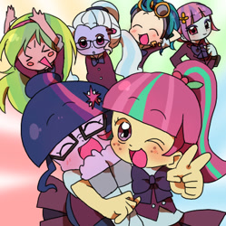 Size: 382x384 | Tagged: safe, artist:lotte, indigo zap, lemon zest, sci-twi, sour sweet, sugarcoat, sunny flare, twilight sparkle, equestria girls, friendship games, chibi, cute, eyes closed, pixiv, shadow five, shadow six, sourbetes, sugarcute, sunnybetes, twiabetes, zapabetes, zestabetes