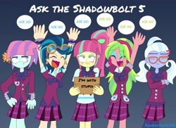 Size: 4487x3261 | Tagged: safe, artist:rainbowyoshi305, indigo zap, lemon zest, sour sweet, sugarcoat, sunny flare, equestria girls, friendship games, clothes, crystal prep academy uniform, crystal prep shadowbolts, happy, looking at you, school uniform, shadow five, sign, unamused