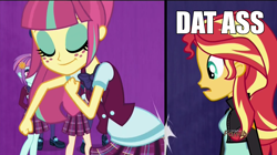 Size: 1366x764 | Tagged: safe, screencap, sour sweet, sunny flare, sunset shimmer, equestria girls, friendship games, eyes on the prize, image macro, meme, vulgar