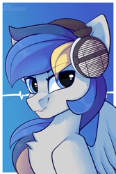 Size: 1000x1500 | Tagged: safe, artist:shadowreindeer, derpibooru import, oc, oc only, pegasus, pony, chest fluff, eyebrows visible through hair, headphones, solo