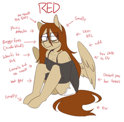 Size: 850x836 | Tagged: safe, artist:redxbacon, derpibooru import, oc, oc only, oc:red, anthro, pegasus, unguligrade anthro, anthro oc, bags under eyes, clothes, glasses, not gay, reference sheet, self deprecation, simple background, smelly, solo, tax evasion, taxes, white background