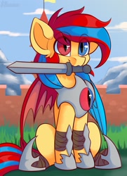 Size: 1300x1800 | Tagged: safe, artist:shadowreindeer, derpibooru import, oc, oc only, oc:starflame blood, pony, commission, eye clipping through hair, heterochromia, mouth hold, sitting, solo, sword, weapon, ych result