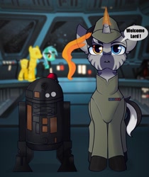 Size: 1814x2160 | Tagged: safe, artist:shadowreindeer, derpibooru import, lyra heartstrings, oc, robot, zebra, zebracorn, astromech droid, commission, droid, fez, galactic empire, hat, heterochromia, imperial, star destroyer, star wars, zebra oc