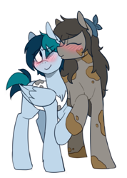 Size: 563x789 | Tagged: safe, artist:redxbacon, derpibooru import, oc, oc only, oc:delta vee, oc:trash, earth pony, pegasus, pony, bandana, blushing, dirty, eyes closed, female, kissing, lesbian, mare, oc x oc, one eye closed, raised hoof, shipping, simple background, smiling, trashvee