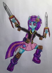 Size: 1763x2457 | Tagged: safe, artist:bozzerkazooers, sunny flare, equestria girls, badass, feminism, i can't believe it's not hasbro studios, katar, ponied up, solo, traditional art, weapon