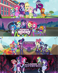 Size: 426x540 | Tagged: safe, adagio dazzle, applejack, aria blaze, fluttershy, gloriosa daisy, pinkie pie, rainbow dash, rarity, sci-twi, sonata dusk, sour sweet, sugarcoat, sunny flare, sunset shimmer, twilight sparkle, twilight sparkle (alicorn), equestria girls, equestria girls (movie), friendship games, legend of everfree, rainbow rocks, banner, comparison, equestria girls logo, female, humane five, humane seven, humane six, mane six, official, the dazzlings, the rainbooms