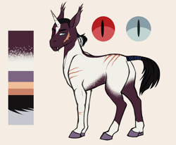 Size: 2124x1752 | Tagged: safe, artist:blackblood-queen, derpibooru import, oc, oc only, oc:demetrius crow, bat pony, hybrid, unicorn, bat pony unicorn, fangs, female, heterochromia, mare, redesign, reference sheet, slit eyes, solo