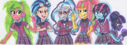 Size: 1023x370 | Tagged: safe, artist:mlpstuck, indigo zap, lemon zest, sci-twi, sour sweet, sugarcoat, sunny flare, twilight sparkle, equestria girls, friendship games, clothes, crystal prep academy uniform, school uniform, traditional art