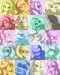 Size: 1600x2000 | Tagged: safe, artist:zelc-face, adagio dazzle, applejack, aria blaze, bon bon, fluttershy, indigo zap, lemon zest, lyra heartstrings, octavia melody, pinkie pie, rainbow dash, rarity, sci-twi, sonata dusk, sour sweet, sugarcoat, sunny flare, sunset shimmer, sweetie drops, trixie, twilight sparkle, twilight sparkle (alicorn), siren, equestria girls, amulet, bubblegum, clothes, cowboy hat, ear piercing, freckles, glasses, goggles, hat, necklace, one eye closed, open mouth, piercing, stetson, the dazzlings