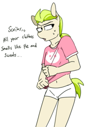 Size: 431x616 | Tagged: safe, artist:redxbacon, derpibooru import, oc, oc:golden keylime, anthro, clothes, female, shirt, shorts, solo, text