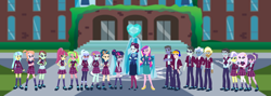 Size: 4882x1743 | Tagged: safe, artist:karalovely, dean cadance, fleur-de-lis, indigo zap, jet set, lemon zest, neon lights, pokey pierce, princess cadance, principal abacus cinch, rising star, sci-twi, sour sweet, sugarcoat, sunny flare, suri polomare, trenderhoof, twilight sparkle, upper crust, oc, oc:chris matta, oc:gas rock, oc:honey bear, oc:julie bright, oc:manny brown, equestria girls, friendship games, clothes, crystal prep academy, crystal prep academy uniform, school uniform