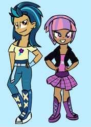 Size: 619x870 | Tagged: safe, artist:berrypunchrules, indigo zap, sunny flare, human, friendship games, alternate costumes, boots, clothes, dark skin, female, humanized, shoes, skirt