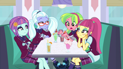 Size: 1280x718 | Tagged: safe, screencap, lemon zest, sour sweet, sugarcoat, sunny flare, dance magic, equestria girls, spoiler:eqg specials, canterlot mall, clothes, crystal prep academy uniform, drink, glasses, headphones, milkshake, school uniform