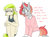 Size: 688x509 | Tagged: safe, artist:redxbacon, derpibooru import, oc, oc:golden keylime, oc:scribble snug, anthro, clothes, disguise, disguised changeling, ear piercing, glasses, piercing, simple background, talking, white background