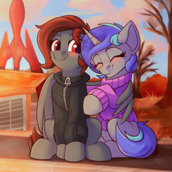 Size: 3000x3000 | Tagged: safe, artist:shadowreindeer, derpibooru import, oc, pegasus, pony, unicorn, autumn, blushing, clothes, cloud, commission, fallout, happy, jacket, red eyes, spaceship, sweater, wing hold