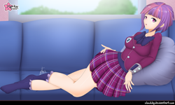 Size: 1600x963 | Tagged: safe, alternate version, artist:clouddg, sunny flare, human, equestria girls, friendship games, adoraflare, adorasexy, clothes, crystal prep academy uniform, cute, female, human coloration, humanized, legs, looking at you, lying down, miniskirt, open mouth, pillow, plaid skirt, pleated skirt, school uniform, sexy, skirt, sofa, solo, sunny flare's wrist devices, thighs